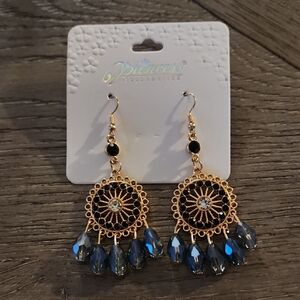 J048. Nwt Bohemian Gold Tone and Dark Blue Chandelier Earrings